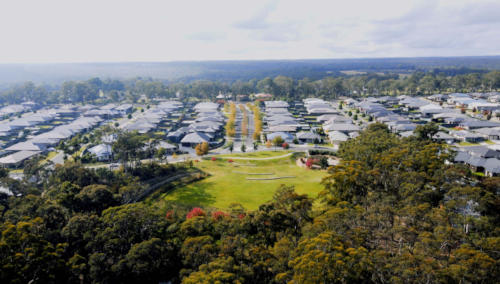 A bird's-eye view capturing the seamless connection between the residential area and the adjacent park at Appin Grove